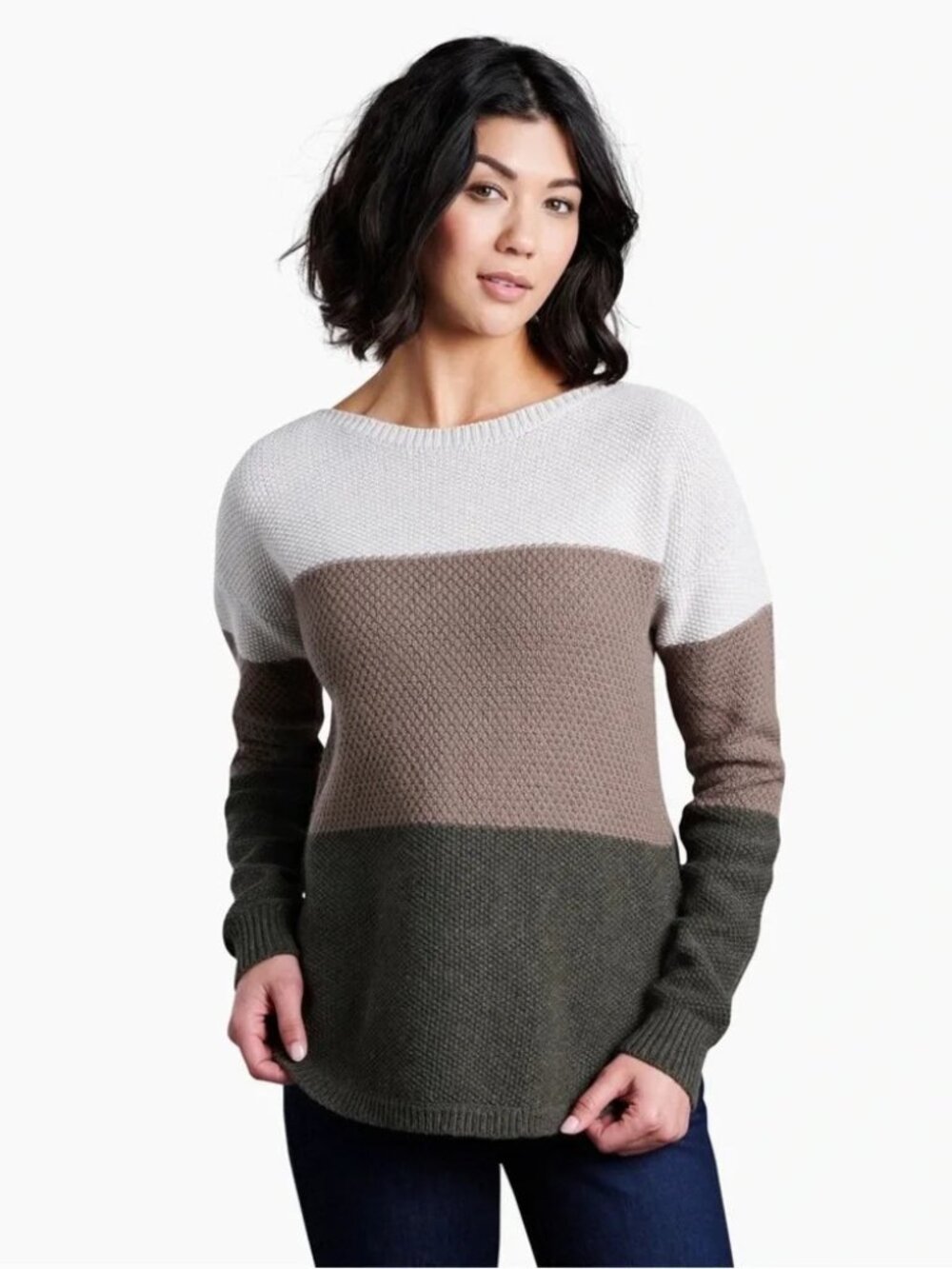 Kuhl Bella Striped Knit Sweater Merino Wool Blend Preppy Outdoor Hiking Sage M